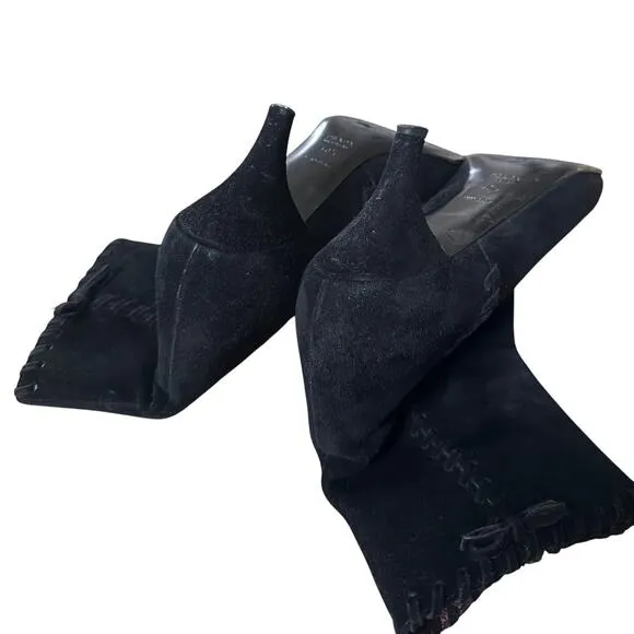 Prada Black Suede Kitten Heel Ankle Boots – Size 40.5