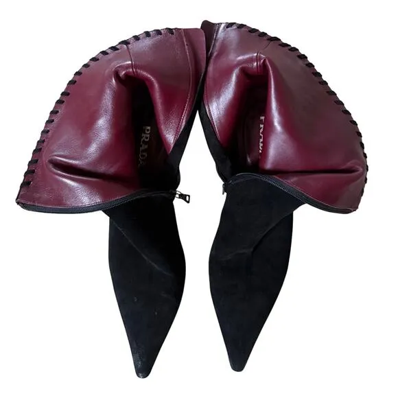 Prada Black Suede Kitten Heel Ankle Boots – Size 40.5