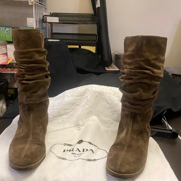 Prada Brown Chocolate Suede Slouchy Boots/Booties