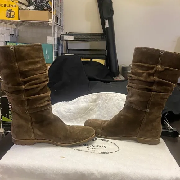 Prada Brown Chocolate Suede Slouchy Boots/Booties
