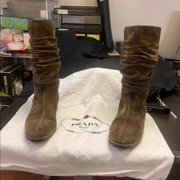 Prada Brown Chocolate Suede Slouchy Boots/Booties