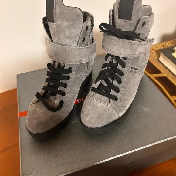 Prada Gray suede Platform Sneakers Pristine Condition 5.5