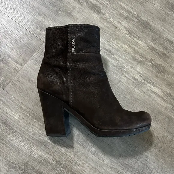 Prada Logo Brown Leather Toe Boots Size 10