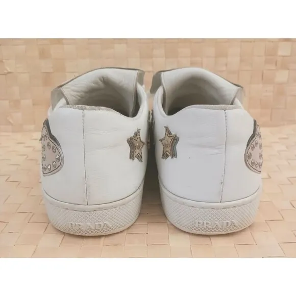 PRADA White Leather Robot Girl Applique Lace Up Fashion Sneaker US 7-7.5