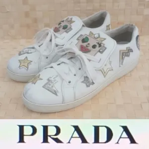 PRADA White Leather Robot Girl Applique Lace Up Fashion Sneaker US 7-7.5