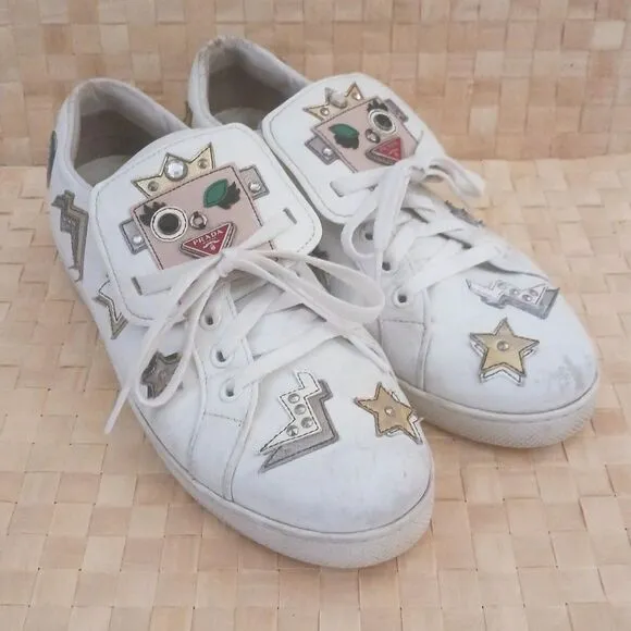 PRADA White Leather Robot Girl Applique Lace Up Fashion Sneaker US 7-7.5