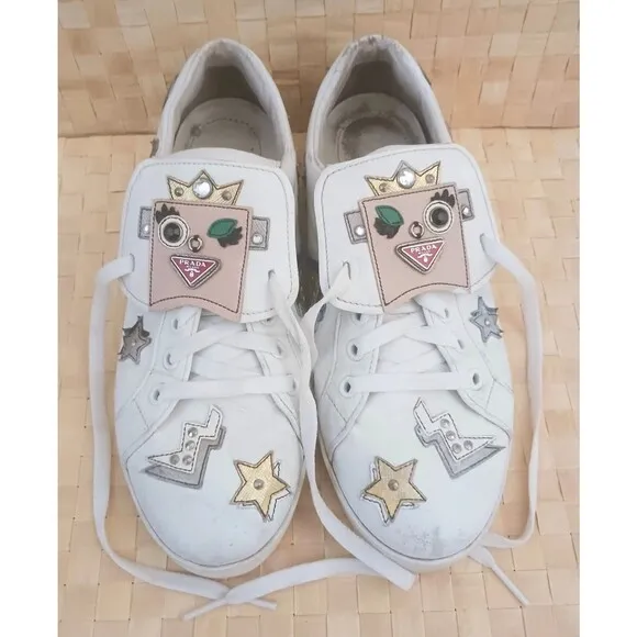 PRADA White Leather Robot Girl Applique Lace Up Fashion Sneaker US 7-7.5