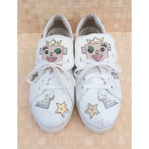 PRADA White Leather Robot Girl Applique Lace Up Fashion Sneaker US 7-7.5