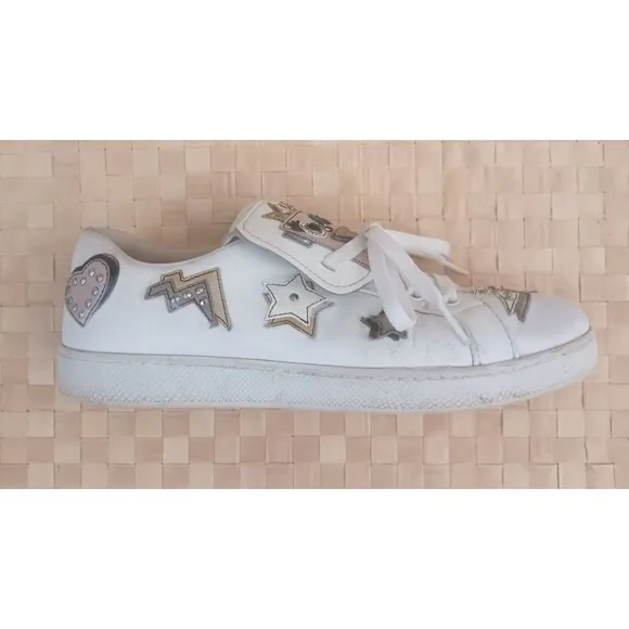 PRADA White Leather Robot Girl Applique Lace Up Fashion Sneaker US 7-7.5