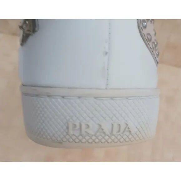 PRADA White Leather Robot Girl Applique Lace Up Fashion Sneaker US 7-7.5