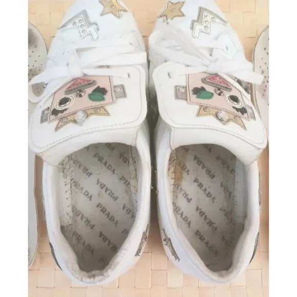 PRADA White Leather Robot Girl Applique Lace Up Fashion Sneaker US 7-7.5