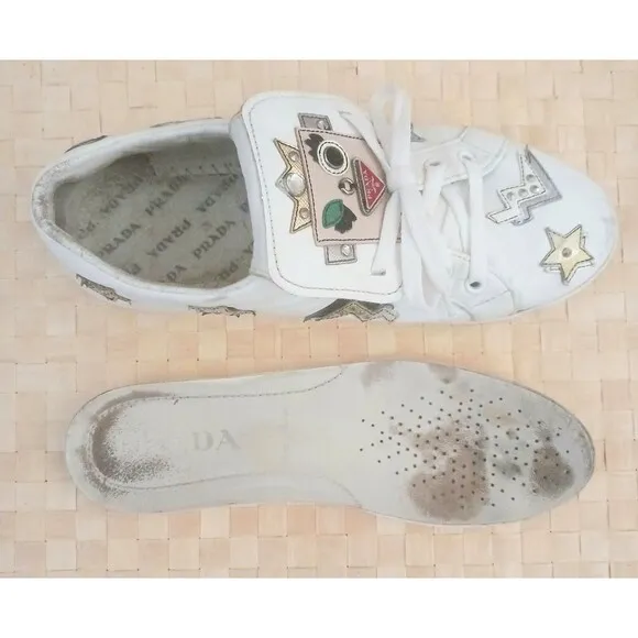 PRADA White Leather Robot Girl Applique Lace Up Fashion Sneaker US 7-7.5