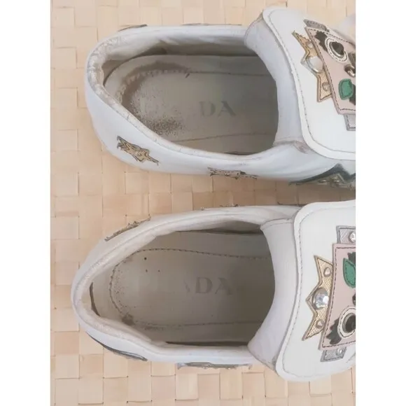 PRADA White Leather Robot Girl Applique Lace Up Fashion Sneaker US 7-7.5