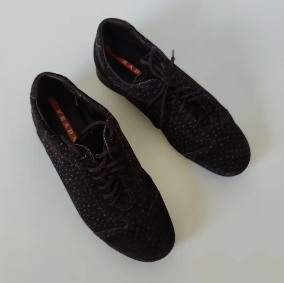 Prada Women's Suede Lace-up Sneaker in Chocolate