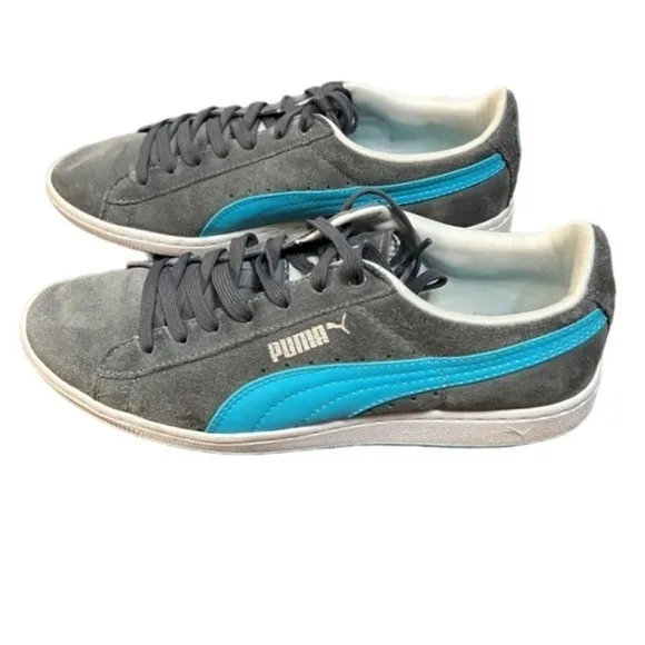 Puma classic suede and leather sneakers shoes with blue and silver details sz 9