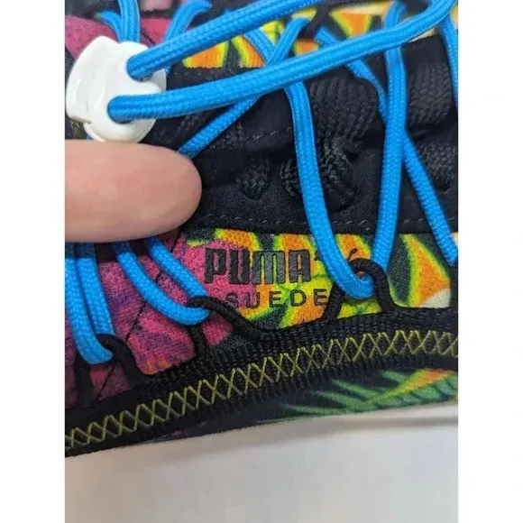 Puma Mens Size 9 US Floral Suede Sneakers Black Multicolor Double Lace Up
