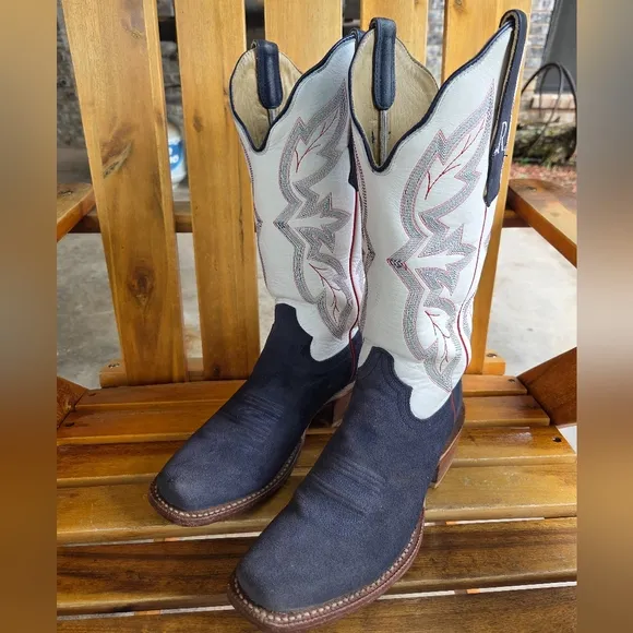 R. WATSON Navy Blue Suede and White Cowboy Boots Sz 7