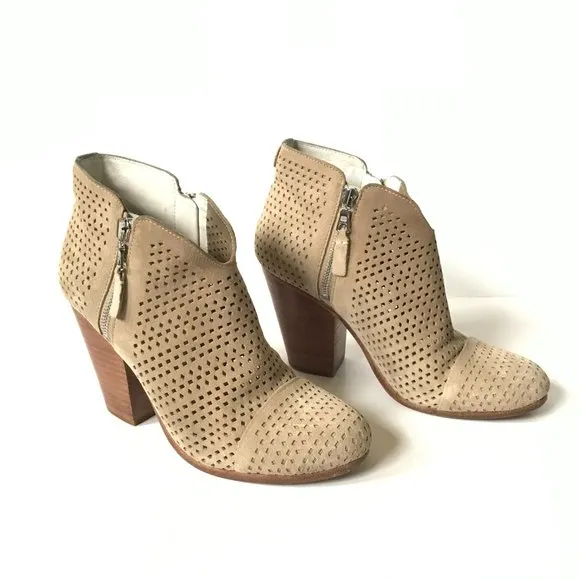 Rag &amp; Bone Margot Perforated Boots Booties Womens 38 8 Tan Beige Suede Dual Zip