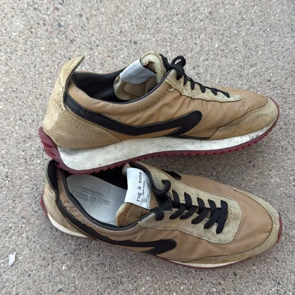 Rag &amp; Bone Sneakers Womens 6.5 Suede Nylon Tan Red Street Style Distressed