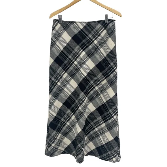 Ralph Lauren Black White Gray Plaid Long Lined Midi Skirt Womens Size 8