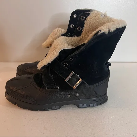 Ralph Lauren Polo Black Tavin Rollover Leather Shearling Boots Mens Size 9 D