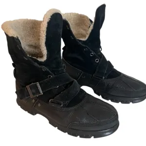 Ralph Lauren Polo Black Tavin Rollover Leather Shearling Boots Mens Size 9 D