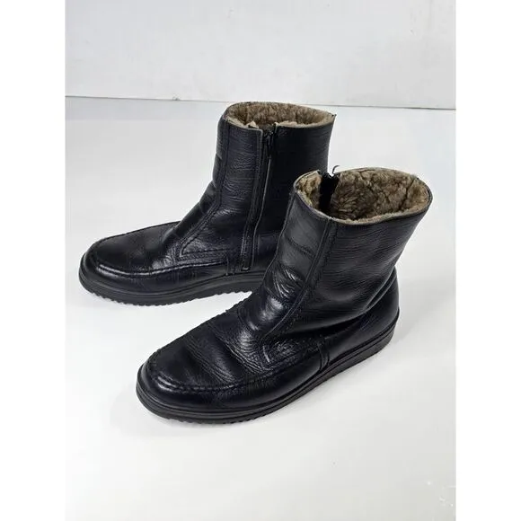 Rare Echtes‎ Lammfell Black Leather Boots With Sheepskin Lining Size 7.5 185410