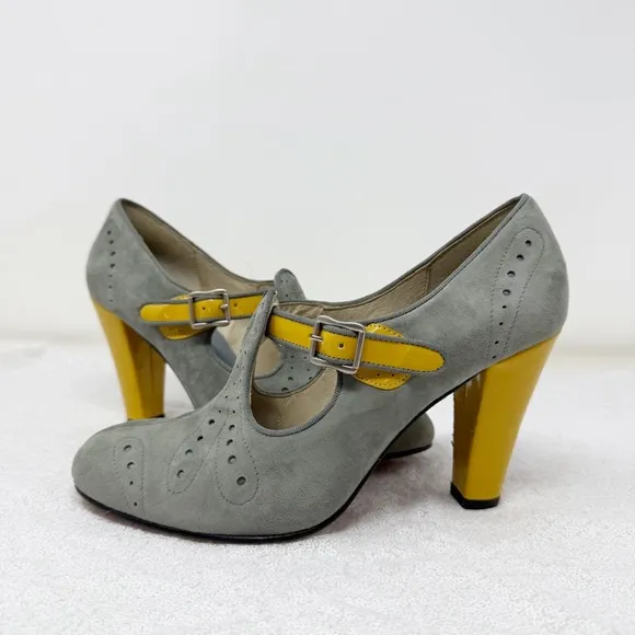 RE-MIX Deluxe Vintage Classic Women size 9.5 gray suede/yellow shoes