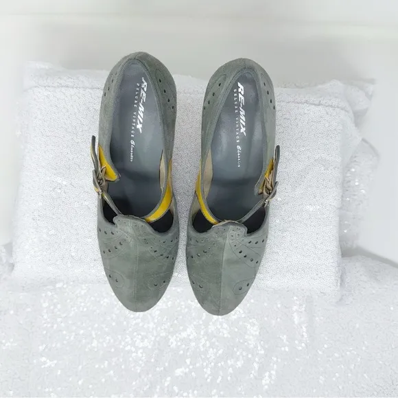 RE-MIX Deluxe Vintage Classic Women size 9.5 gray suede/yellow shoes