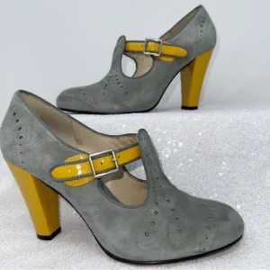 RE-MIX Deluxe Vintage Classic Women size 9.5 gray suede/yellow shoes