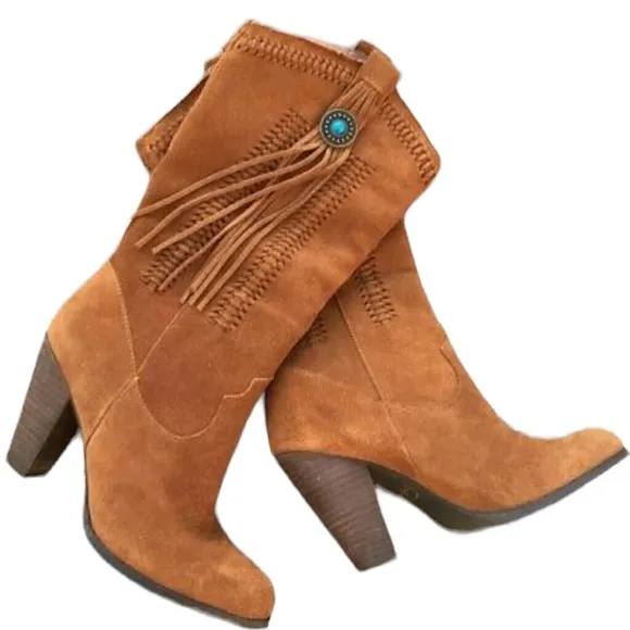 REBA Brown Suede Fringe Western Cowgirl Hades Boots size 8.5 (NWOT)