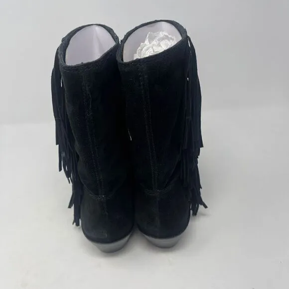 Rebecca Minkoff Boots 7 Black Western Cowgirl Fringe Suede Leather Booties