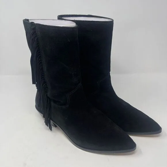 Rebecca Minkoff Boots 7 Black Western Cowgirl Fringe Suede Leather Booties