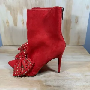 Red Suede Studded Bow Ankle Boots Women’s Size 10