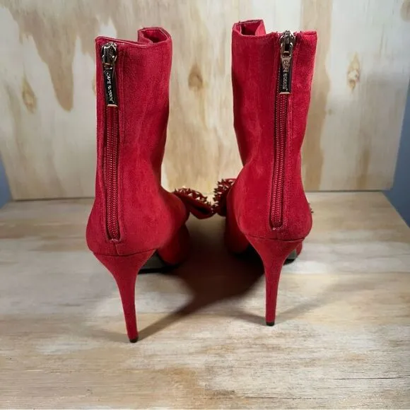 Red Suede Studded Bow Ankle Boots Women’s Size 10