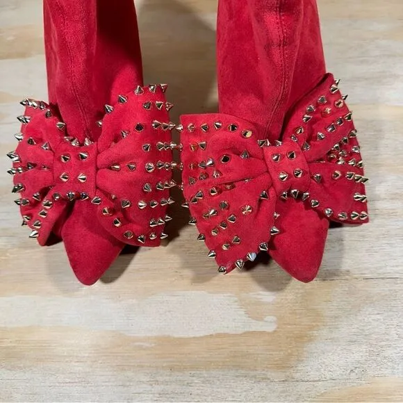 Red Suede Studded Bow Ankle Boots Women’s Size 10