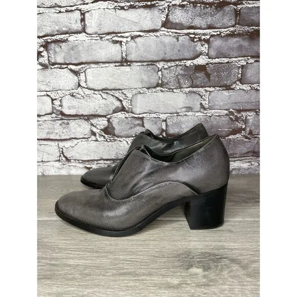 REED KRAKOFF Metal Gray Leather Slip On Loafer Heel Shoes Women Sz 38.5EU/8M US