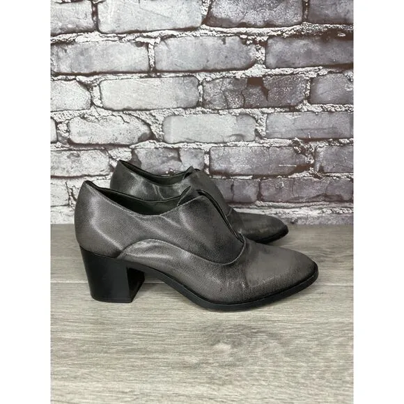 REED KRAKOFF Metal Gray Leather Slip On Loafer Heel Shoes Women Sz 38.5EU/8M US