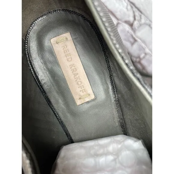REED KRAKOFF Metal Gray Leather Slip On Loafer Heel Shoes Women Sz 38.5EU/8M US