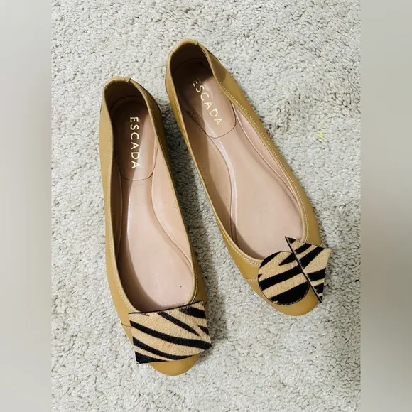 Refashioned Escada Tan Genuine Leather Flat Ballerina Shoes Size 40