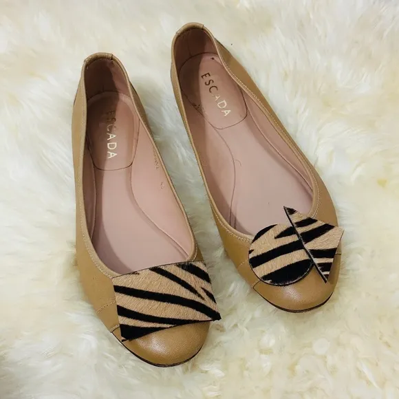 Refashioned Escada Tan Genuine Leather Flat Ballerina Shoes Size 40