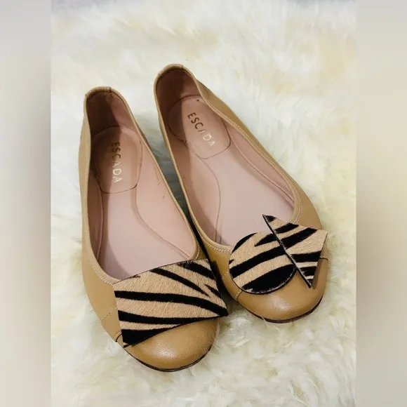 Refashioned Escada Tan Genuine Leather Flat Ballerina Shoes Size 40
