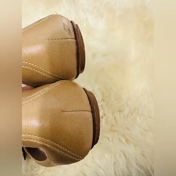 Refashioned Escada Tan Genuine Leather Flat Ballerina Shoes Size 40