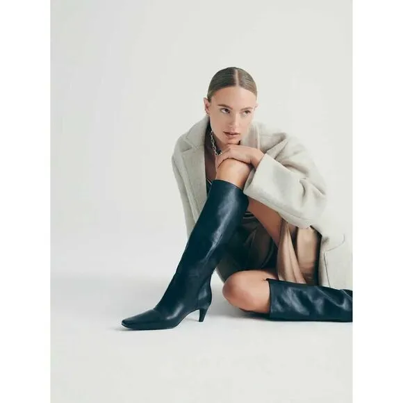 Reformation Remy Black Leather Knee-High Boots 8 US Pull-On Kitten Heel