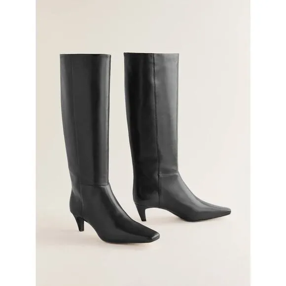 Reformation Remy Black Leather Knee-High Boots 8 US Pull-On Kitten Heel