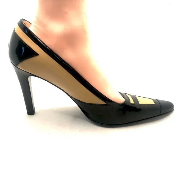 RENAUD PELLEGRINO BLACK &amp; TAN LEATHER ITALIAN PUMP HEELS (38.5)