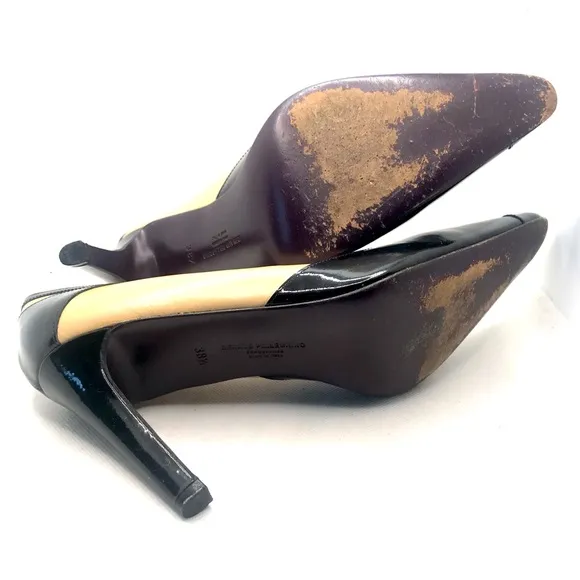 RENAUD PELLEGRINO BLACK &amp; TAN LEATHER ITALIAN PUMP HEELS (38.5)