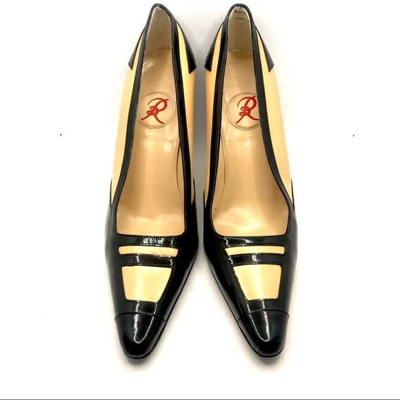 RENAUD PELLEGRINO BLACK &amp; TAN LEATHER ITALIAN PUMP HEELS (38.5)