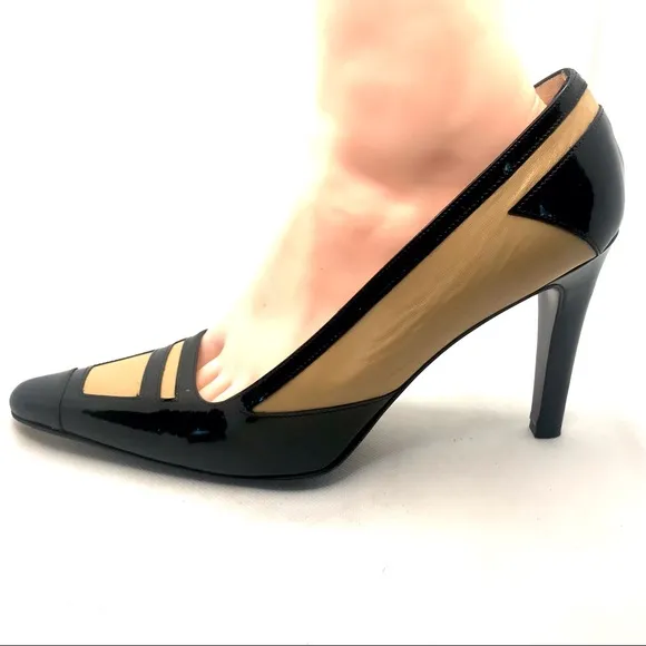 RENAUD PELLEGRINO BLACK &amp; TAN LEATHER ITALIAN PUMP HEELS (38.5)