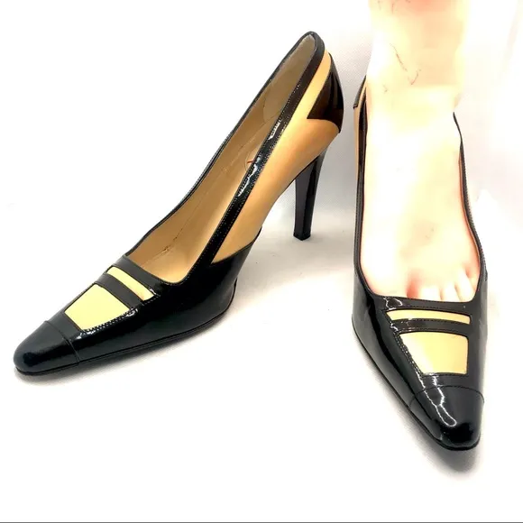RENAUD PELLEGRINO BLACK &amp; TAN LEATHER ITALIAN PUMP HEELS (38.5)